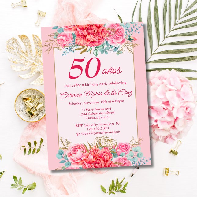 Invitation Fleurs de corail rose Fête d'anniversaire espagnol (Créateur téléchargé)