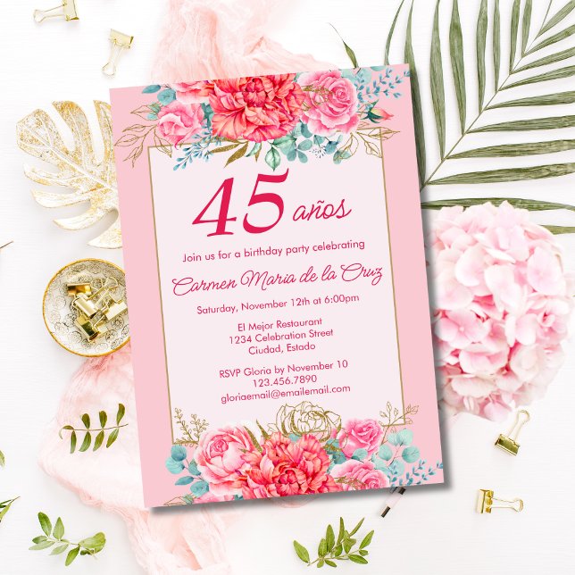 Invitation Fleurs de corail rose Fête d'anniversaire espagnol (Créateur téléchargé)
