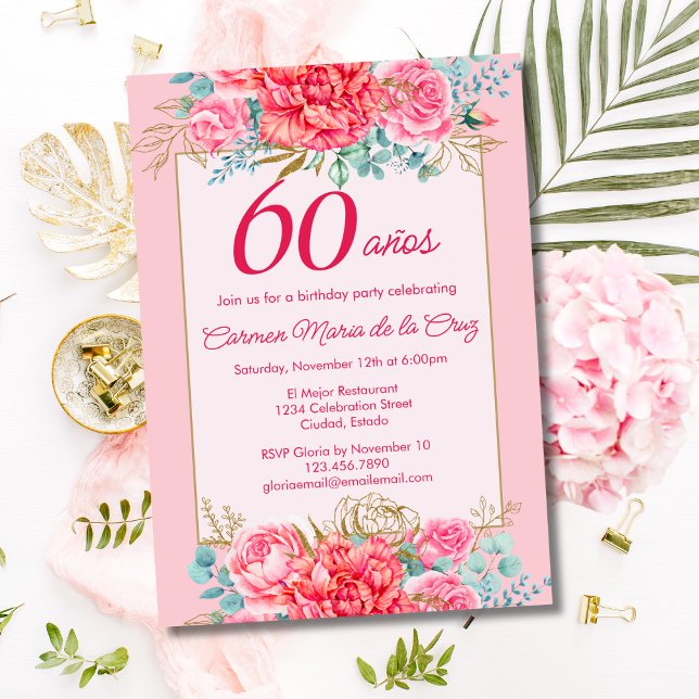 Invitation Fleurs de corail rose Fête d'anniversaire espagnol (Créateur téléchargé)