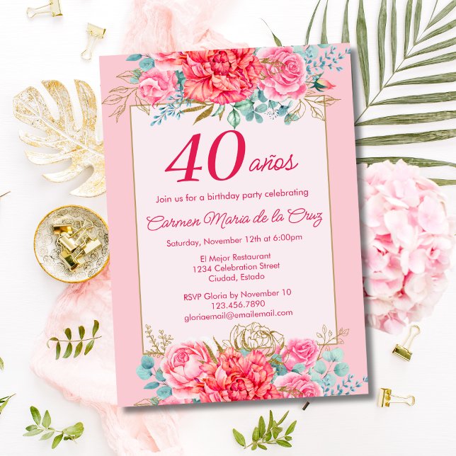 Invitation Fleurs de corail rose Fête d'anniversaire espagnol (Créateur téléchargé)