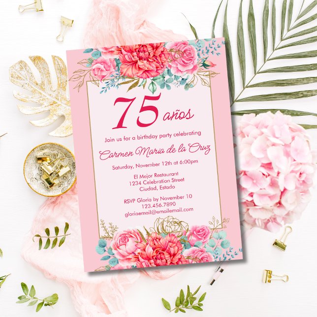 Invitation Fleurs de corail rose Fête d'anniversaire espagnol (Créateur téléchargé)