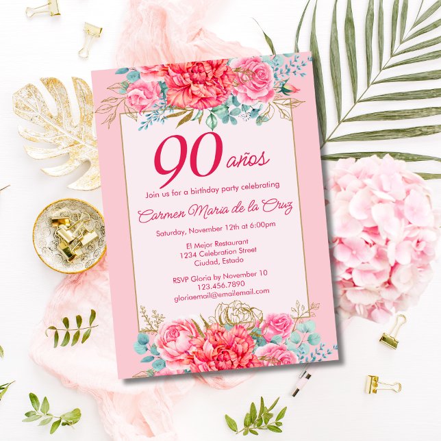 Invitation Fleurs de corail rose Fête d'anniversaire espagnol (Créateur téléchargé)