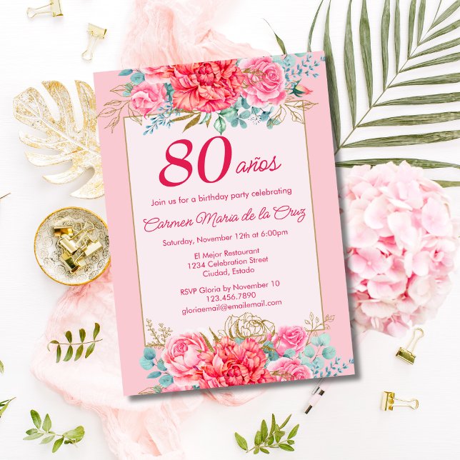 Invitation Fleurs de corail rose Fête d'anniversaire espagnol (Créateur téléchargé)