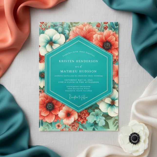 Invitation Fleurs de corail sarcelle Romance Mariage (Créateur téléchargé)