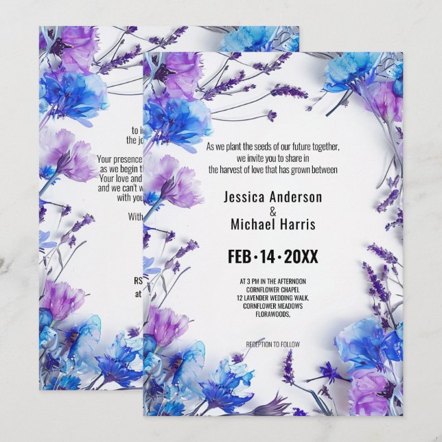 Invitation 💍 Fleurs de Cornouailles et Lavande Elégance (Devant / Derrière)