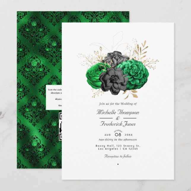 Invitation Fleurs de couleur émeraude foncé et or, code QR po (Devant / Derrière)
