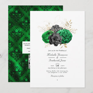 Invitation Fleurs de couleur émeraude foncé et or, code QR po
