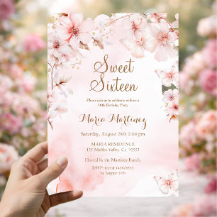 Invitation Fleurs de couleur or rose avec paillettes dorées S