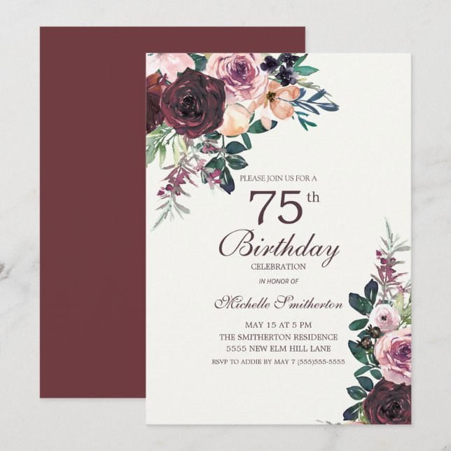Invitation Fleurs de couleur rose Bourgogne pour 75e annivers (Devant / Derrière)