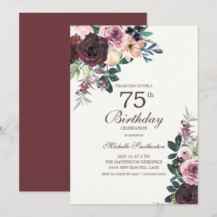 Invitation Fleurs de couleur rose Bourgogne pour 75e annivers