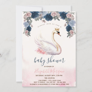 Invitation Fleurs de Couronne de Cygne Rayures Roses Baby Sh