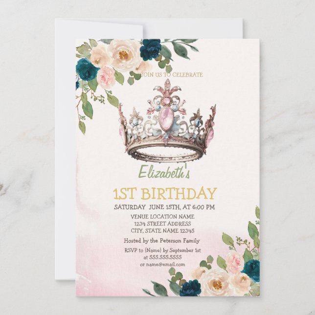 Invitation Fleurs de couronne de princesse Points d'anniversa (Devant)