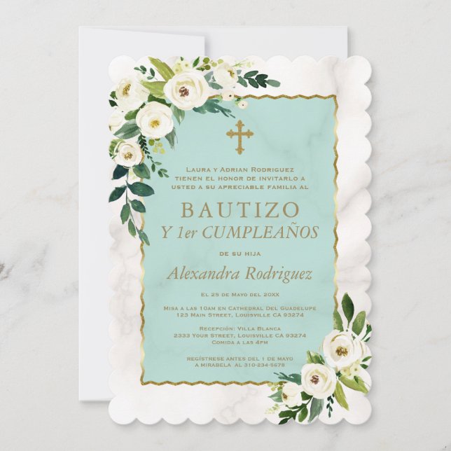 Invitation Fleurs de crème blanche Espagnol 1er Anniversaire  (Devant)