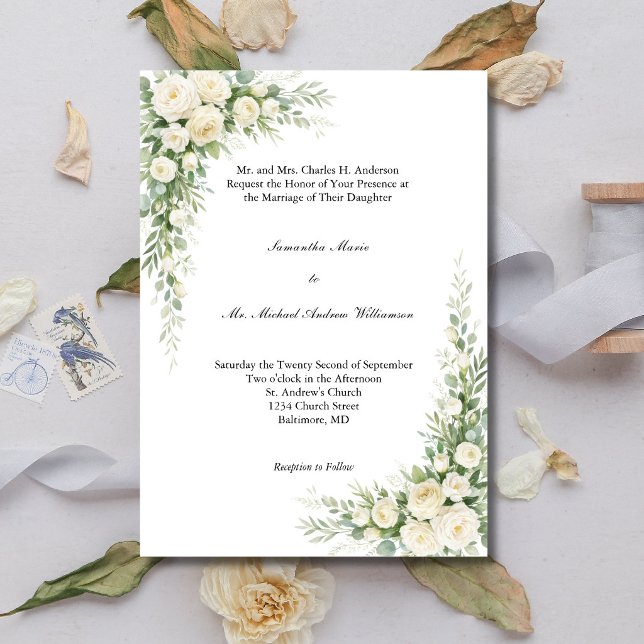 Invitation Fleurs de crème blanche mariage traditionnel d'égl (White Cream Roses and Watercolor Florals Traditional Church Wedding Invitation)