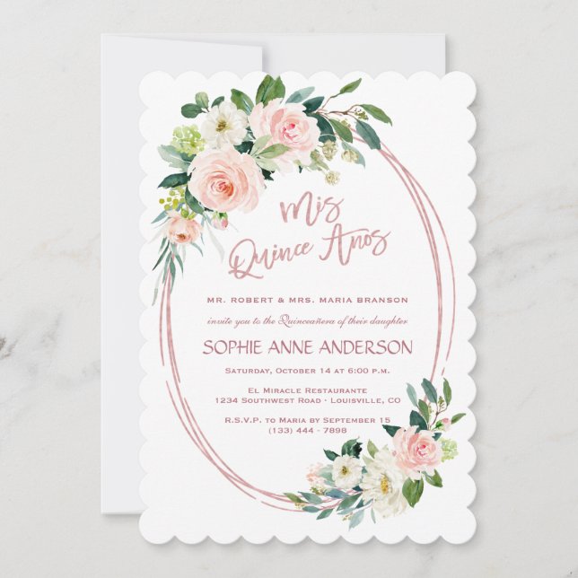 Invitation Fleurs de Crème Bleue Unique Rose Gold Quinceañera (Devant)