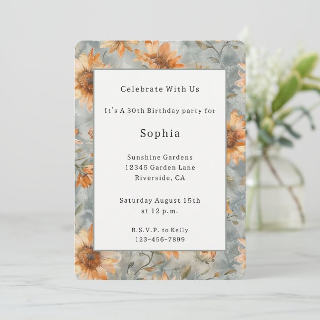 Invitation Fleurs de crème orange bleu Anniversaire  (Debout devant)