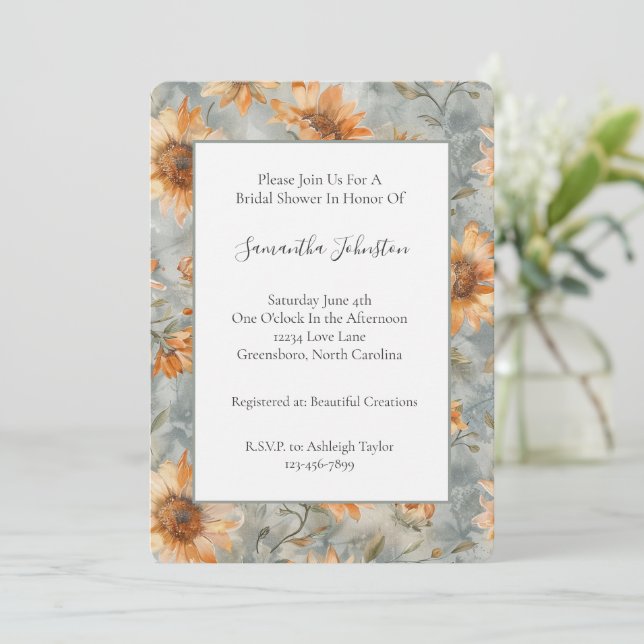 Invitation Fleurs de Crème Orange Bleue pour Baby Shower de M (Debout devant)