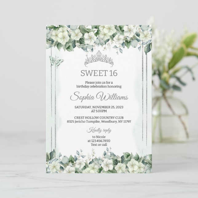 Invitation Fleurs de crème verte Sage, Sweet sixteen Floral (Debout devant)