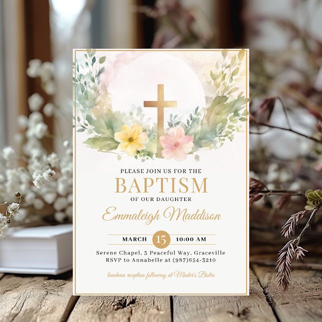 Invitation Fleurs de croix dorée baptême ou baptême (Créateur téléchargé)