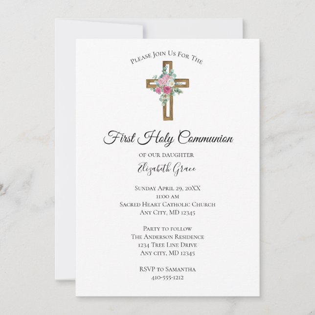 Invitation Fleurs de Croix en bois Première communion Invitat (Devant)