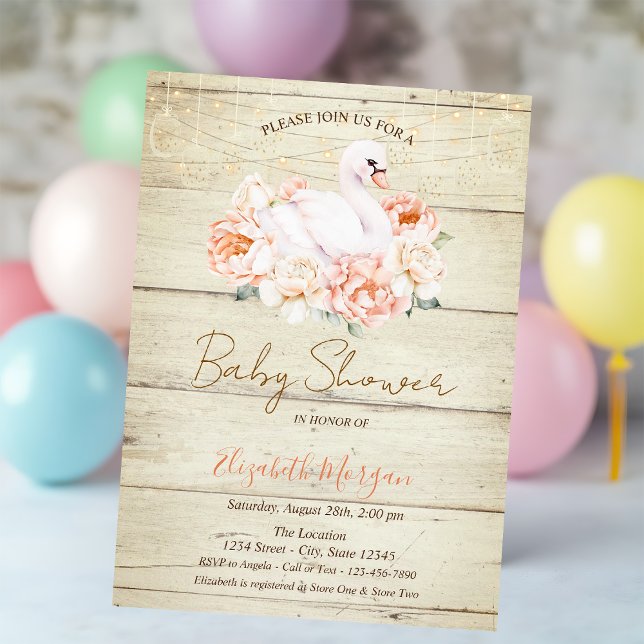 Invitation Fleurs de cygne bébé texture bois Baby Shower  (Créateur téléchargé)