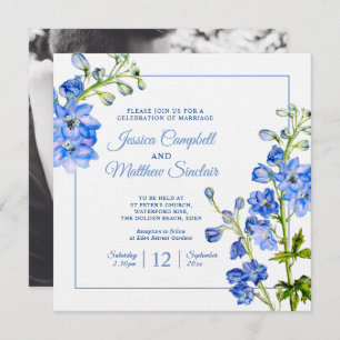 Invitation Fleurs de Delphinium bleu aquarelle art mariage