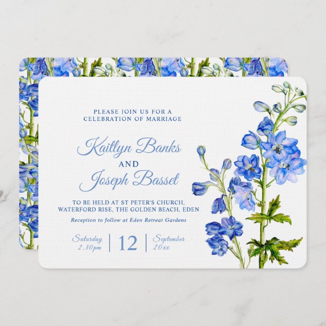 Invitation Fleurs de Delphinium bleu aquarelle art mariage (Devant / Derrière)