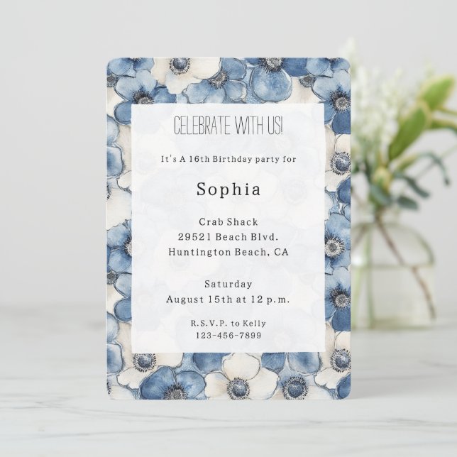 Invitation Fleurs de Denim Bleu Blanc Anniversaire (Debout devant)