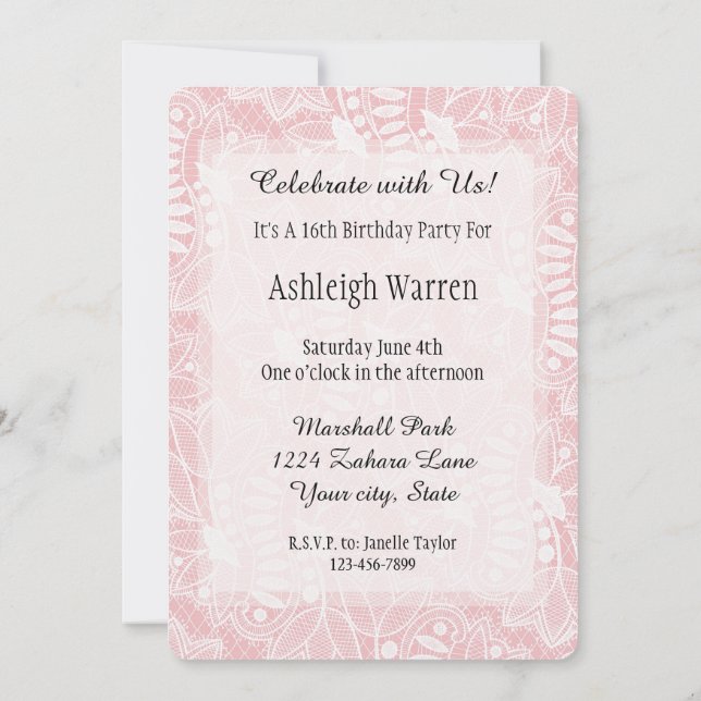 Invitation Fleurs de dentelle rose 16e anniversaire (Dos)