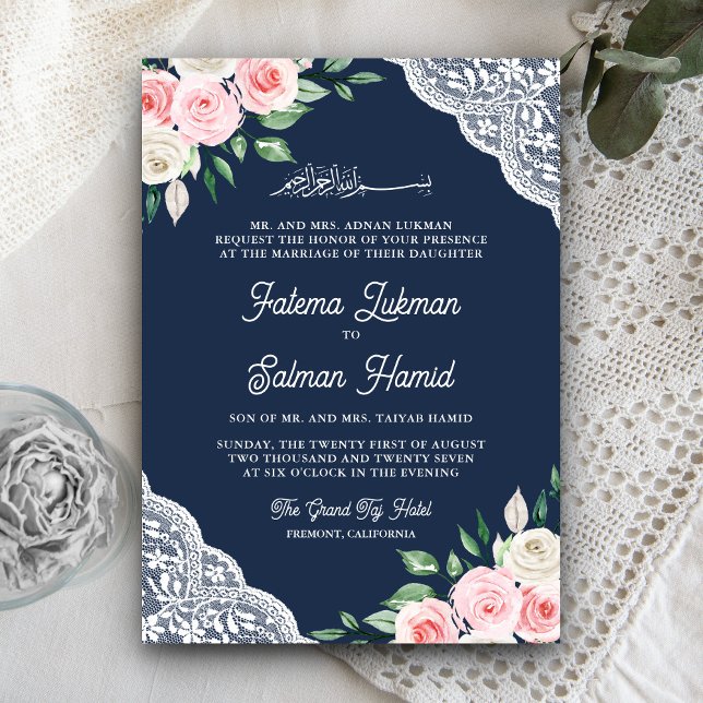 Invitation Fleurs de dentelle rose Code QR bleu marine Mariag (Créateur téléchargé)