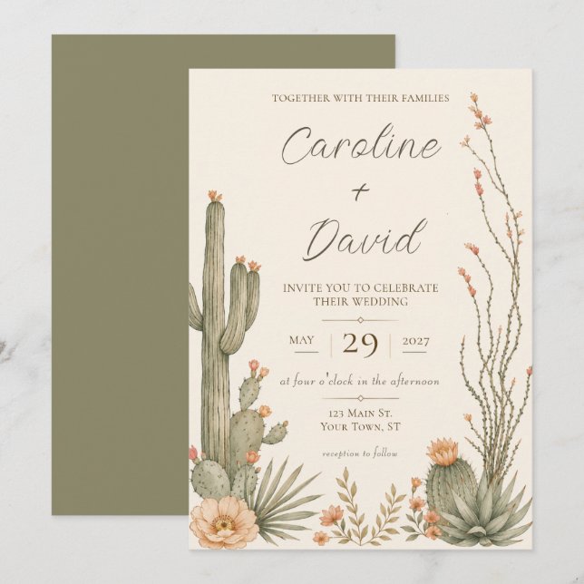Invitation Fleurs de désert de Cactus Floral Mariage (Devant / Derrière)