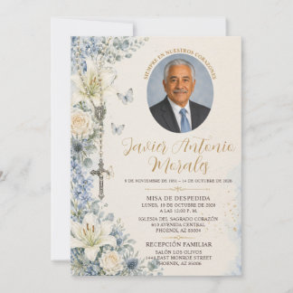 Invitation Fleurs de deuil catholiques en bleu poussiéreux et