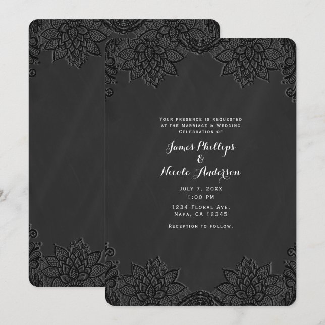 Invitation Fleurs de deuil sur tableau noir et dentelle pour  (Devant / Derrière)