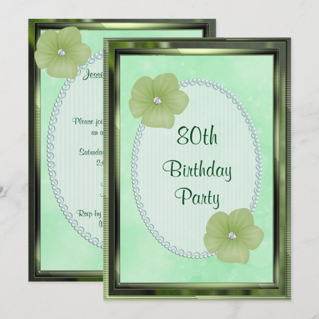 Invitation Fleurs de diamant vert et perles 80e anniversaire (Devant / Derrière)