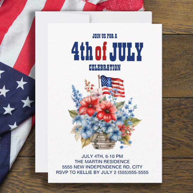Invitation Fleurs de drapeau bleu blanc rouge 4 juillet (Créateur téléchargé)