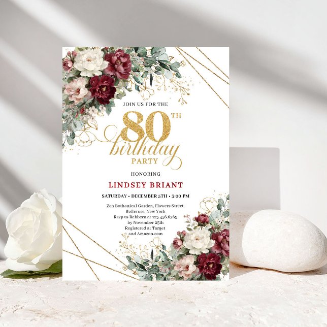 Invitation Fleurs de eucalyptus dorées profond rouge élégant  (Stylish Deep Red Flowers Eucalyptus Gold 80th Birthday Card

)