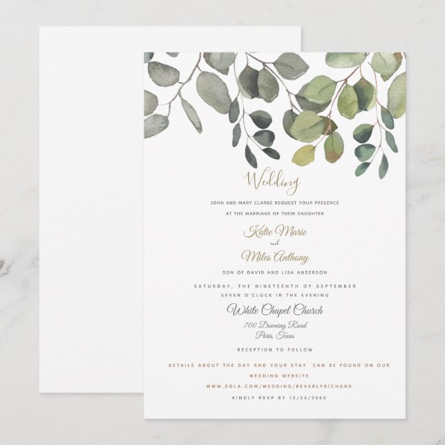 Invitation Fleurs de eucalyptus modernes site web mariage bla (Devant / Derrière)