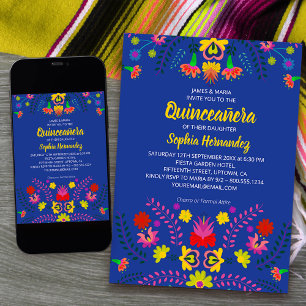 Invitation Fleurs de fête mexicaine pour Quinceanera bleue