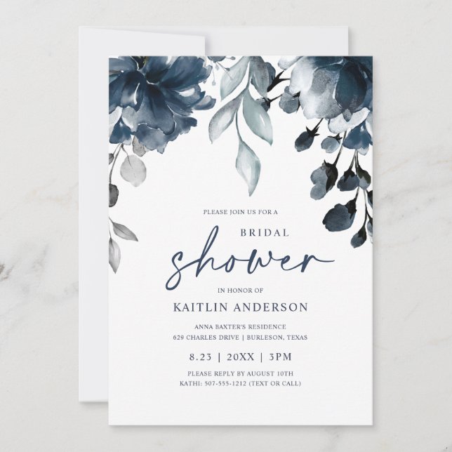 Invitation Fleurs de feuillage de verdure bleu marine pour la (Devant)