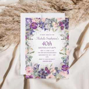 Invitation Fleurs de feuillage rose violet pour 40e anniversa