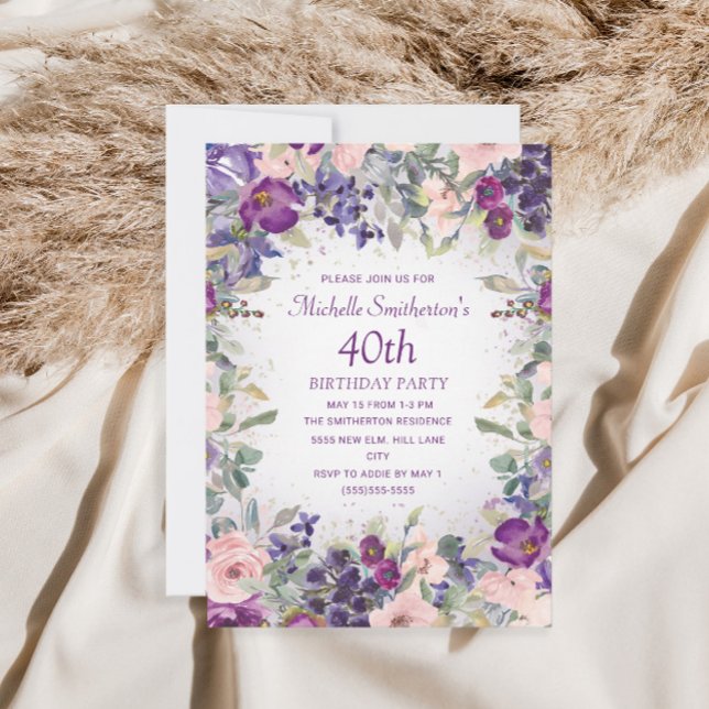 Invitation Fleurs de feuillage rose violet pour 40e anniversa (Créateur téléchargé)