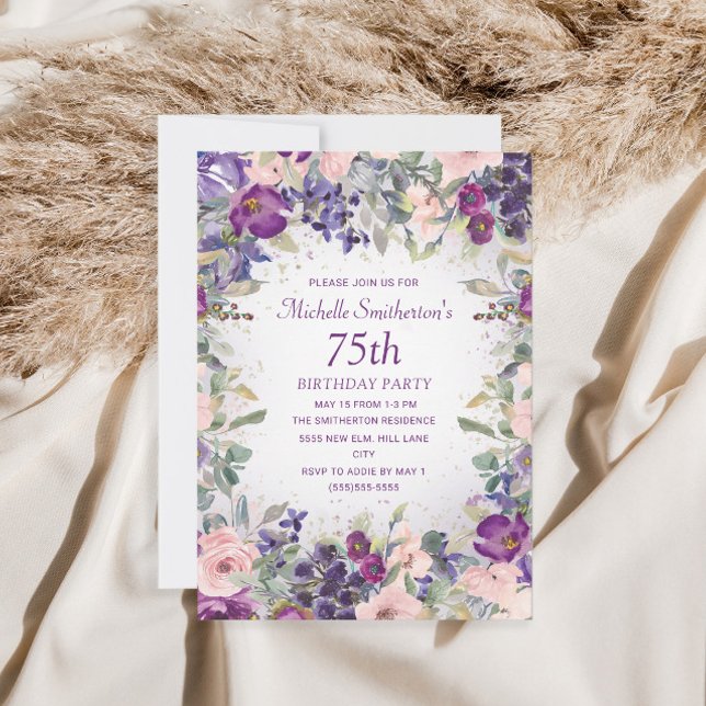 Invitation Fleurs de feuillage rose violet pour 75e anniversa (Créateur téléchargé)
