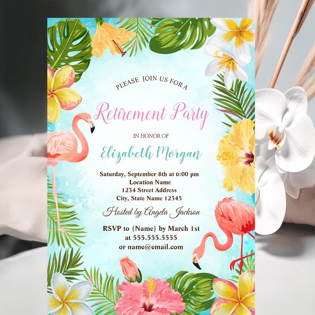Invitation Fleurs de feuilles de palmier flamants roses Fête  (Créateur téléchargé)