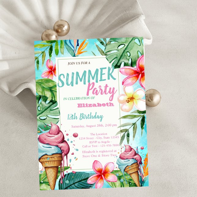 Invitation Fleurs de feuilles de palmier, Glace d'anniversair (Créateur téléchargé)