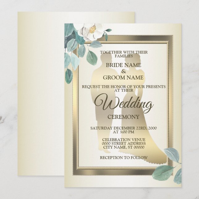 Invitation Fleurs de feuilles vertes Cadre doré Mariage éléga (Devant / Derrière)