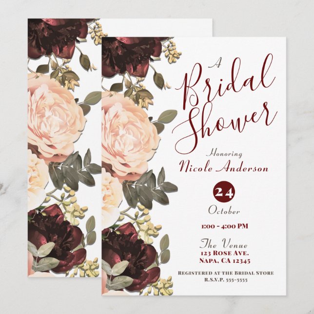 Invitation Fleurs de feuillus verdoyants rose marron pour la  (Devant / Derrière)