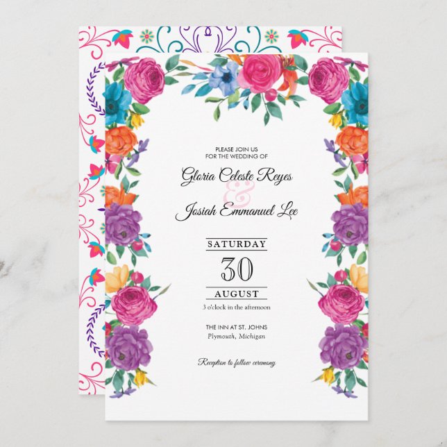 Invitation Fleurs de Fiesta et Mariage de style broderie mexi (Devant / Derrière)