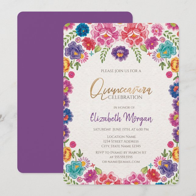 Invitation Fleurs de Fiesta Mexicaine Quinceañera (Devant / Derrière)