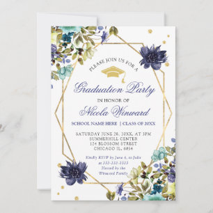 Invitation Fleurs de fin d'études d'été bleues et marine