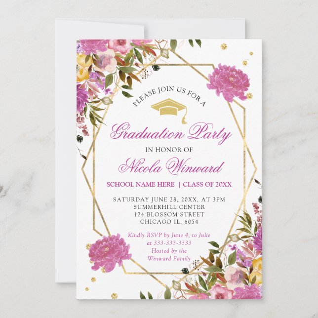 Invitation Fleurs de fin d'études d'été rose et jaune (Devant)